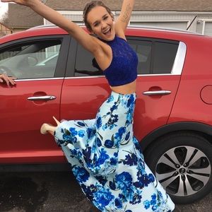 Blue flower print prom dress (2 piece) 3/4